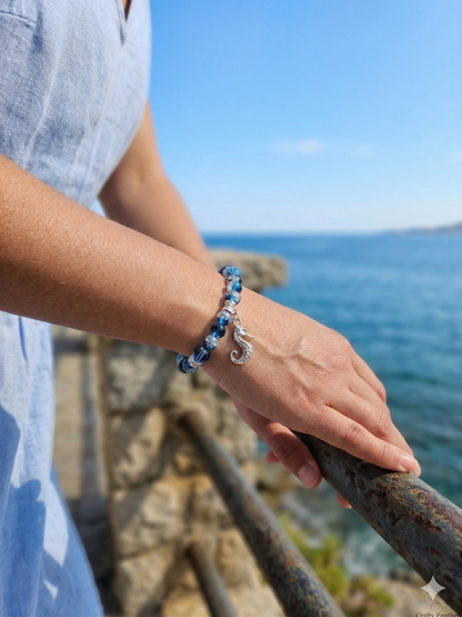 Seahorse Charm Bracelet - Crackled Blue Glass Beaded Elasticated Band