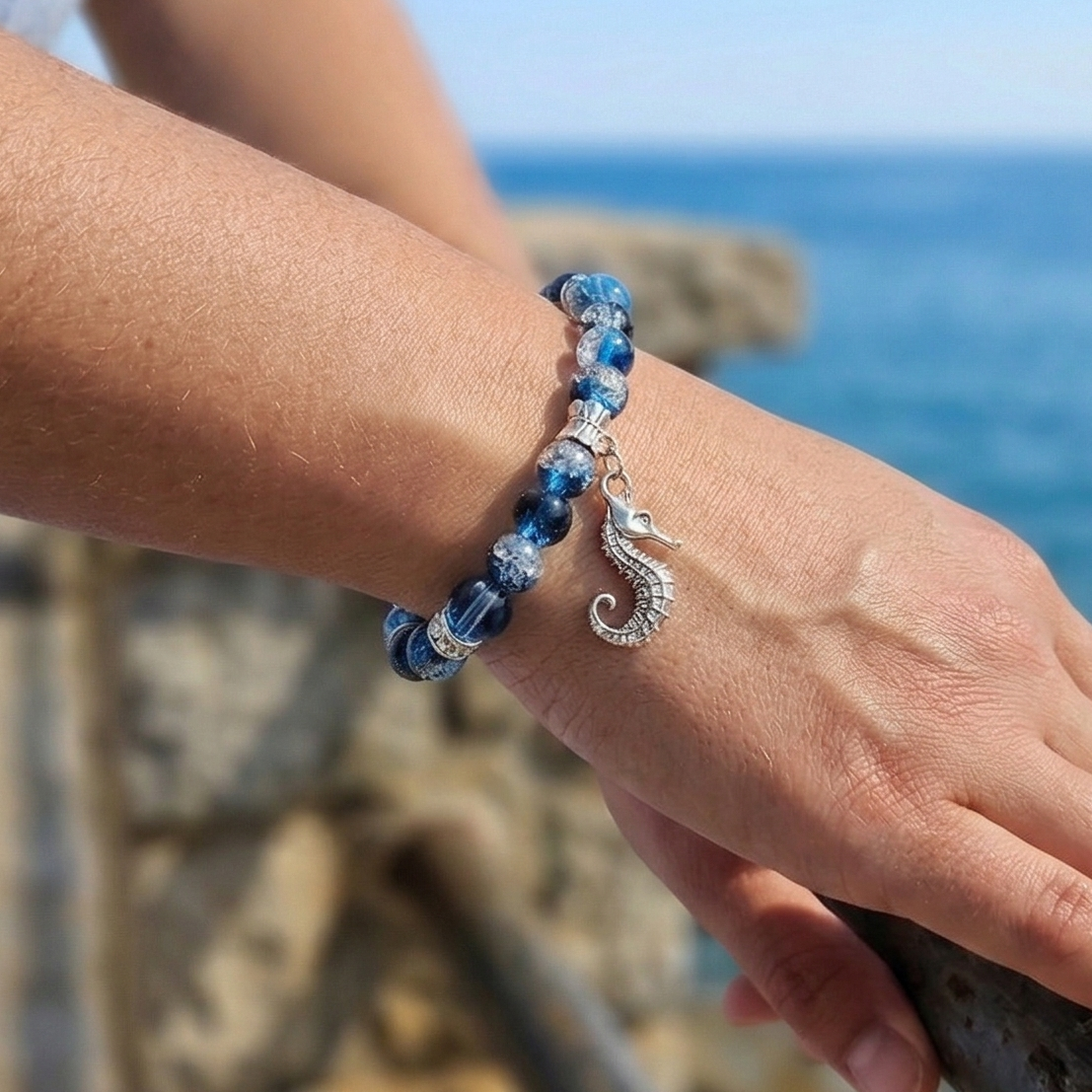 Seahorse Charm Bracelet - Crackled Blue Glass Beaded Elasticated Band