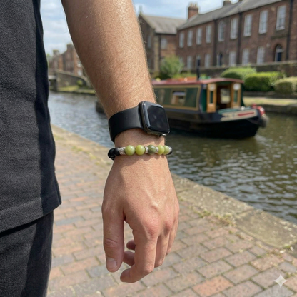 Men's Green and Black Beaded Bracelet with Elasticated Band