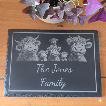 Customised Highland Cow Family Cheese Slate / Serving Board