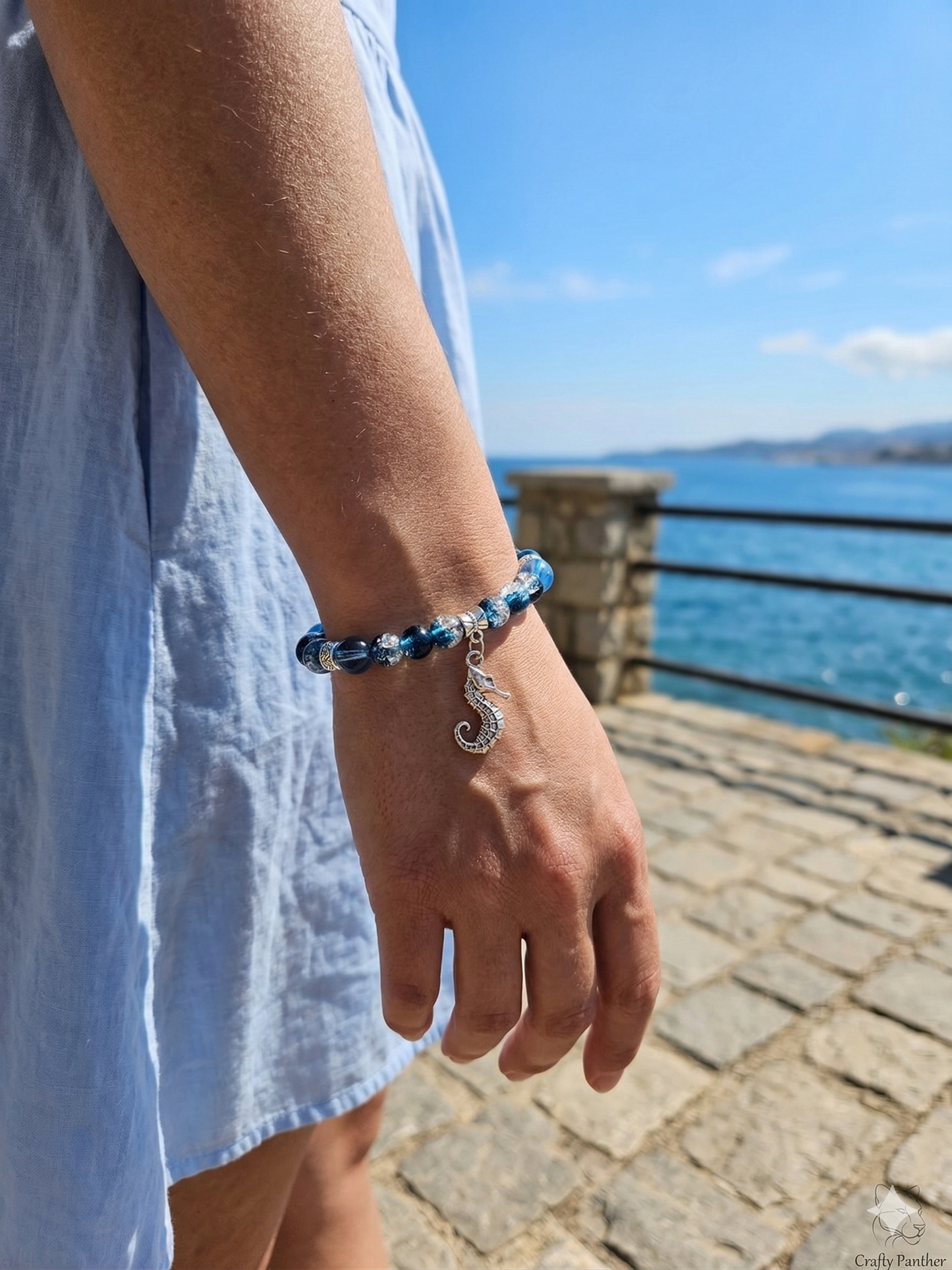 Seahorse Charm Bracelet - Crackled Blue Glass Beaded Elasticated Band