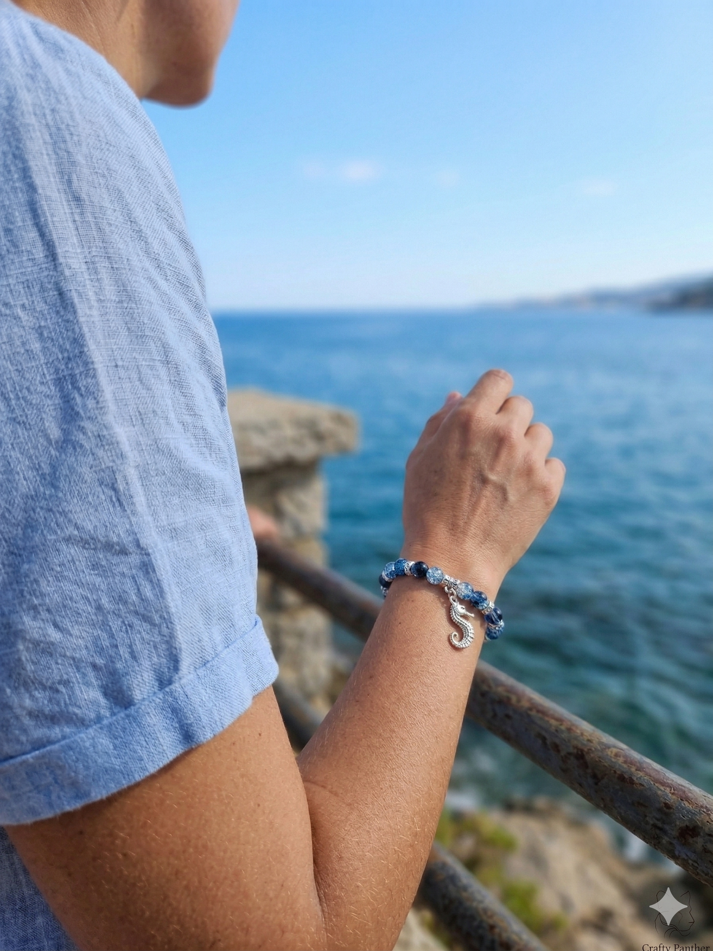 Seahorse Charm Bracelet - Crackled Blue Glass Beaded Elasticated Band