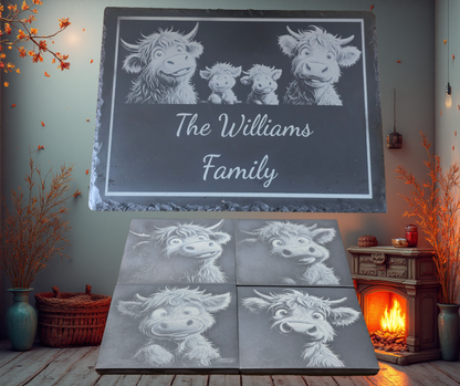 Highland Cow Slate Bundle - Personalised Family Slate Plus 4 Slate Coasters