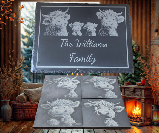 Highland Cow Slate Bundle - Personalised Family Slate Plus 4 Slate Coasters