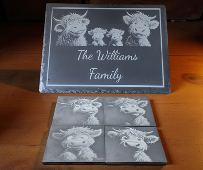 Highland Cow Slate Bundle - Personalised Family Slate Plus 4 Slate Coasters