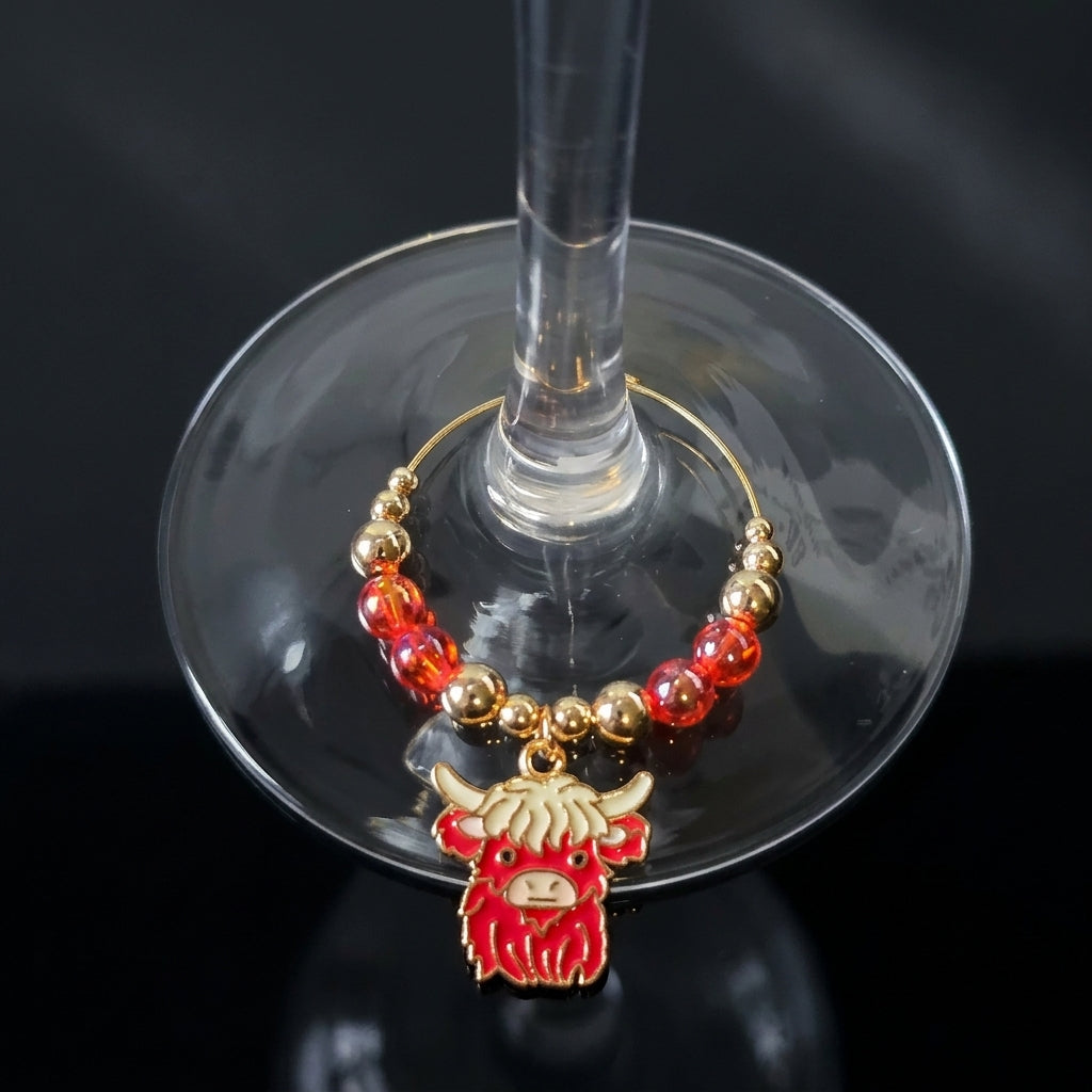 Handcrafted Highland Cow Wine Glass Charms | Set of 4