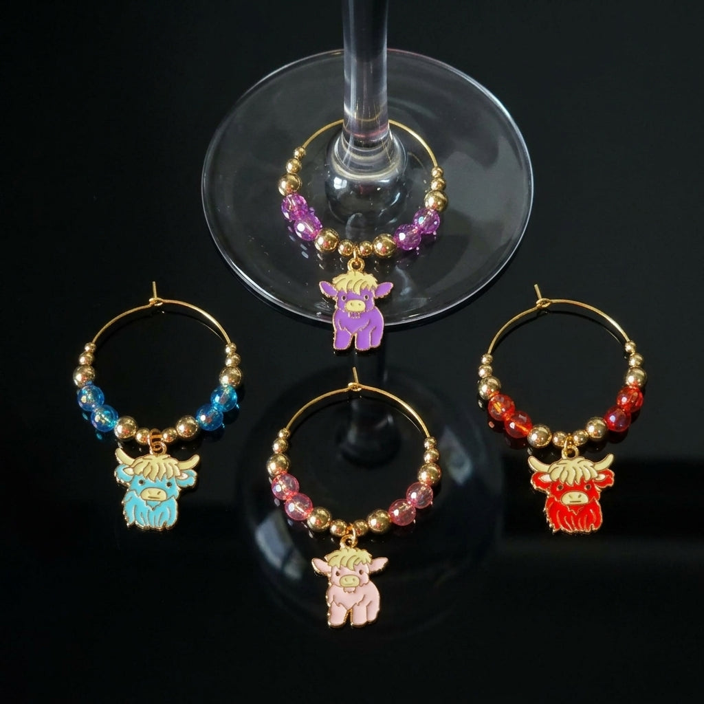 Handcrafted Highland Cow Wine Glass Charms | Set of 4