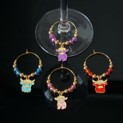 Handcrafted Highland Cow Wine Glass Charms | Set of 4