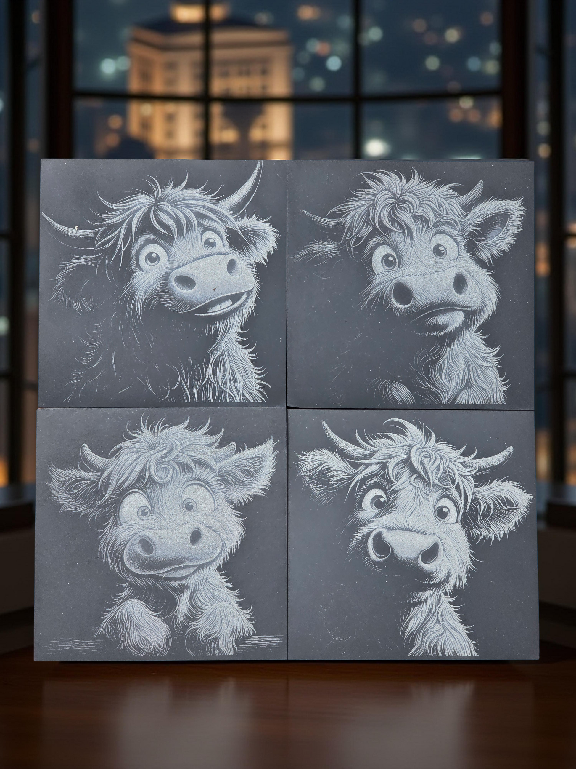 Four slate coasters with illustrations of a cartoon cow on a dark background with a cityscape in the background.