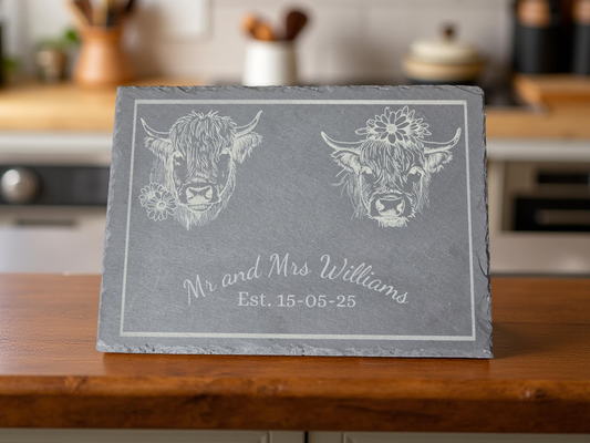 Personalised Highland Cow Mr and Mrs serving slate - Cheese board / Charcuterie board