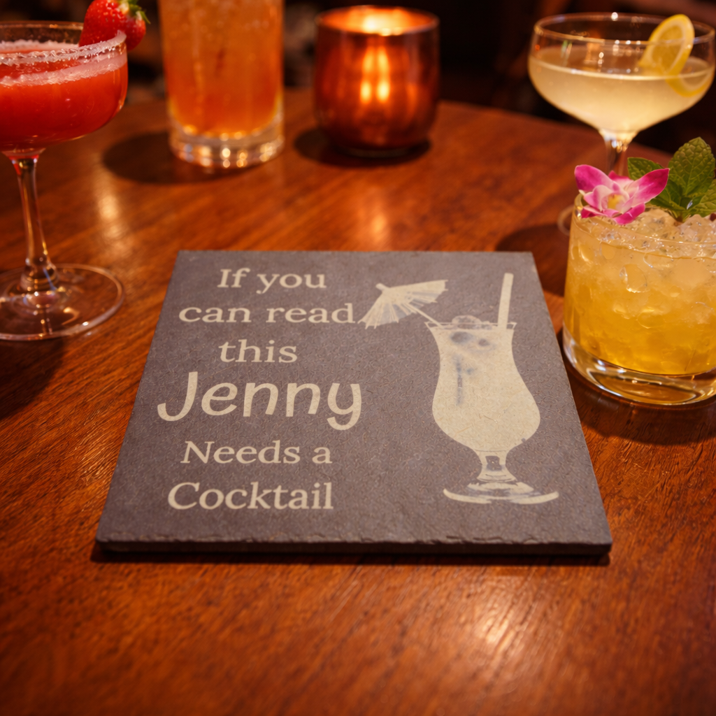 Slate coaster with 'If you can read this Jenny Needs a Cocktail' text and engraving of a cocktail glass on a bar setting with drinks.