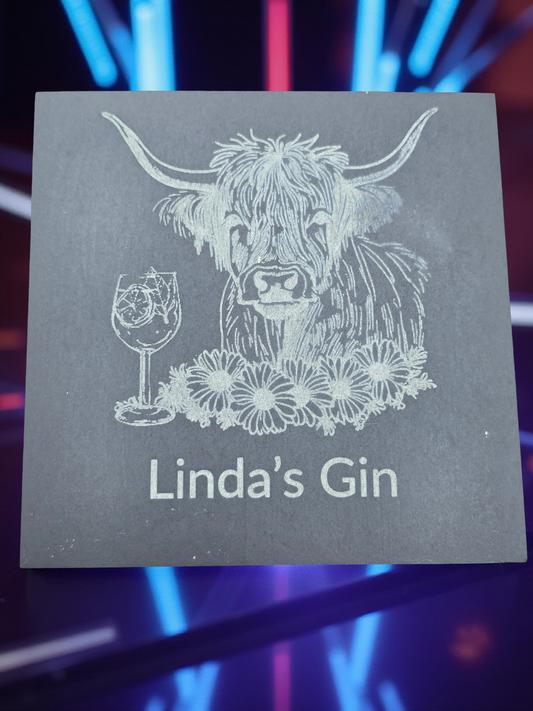 Personalised Highland Cow Slate Coaster - "Your Name's Gin" Text