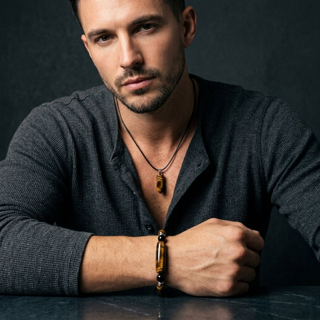 A man wearing a dark gray knit henley shirt, a black leatherette cord necklace with a tigers eye bullet pendant, and a matching brown tigers eye bracelet