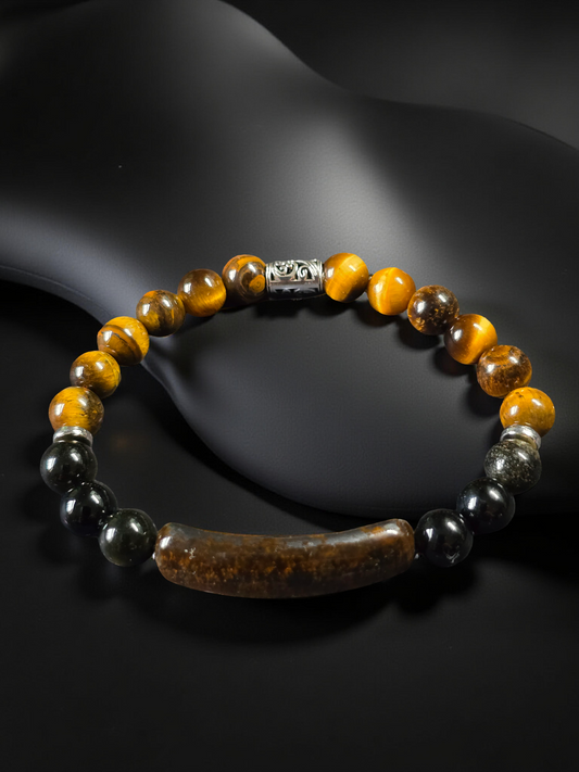 Mens tigers eye bar bead bracelet - Elasticated stone beaded bracelet