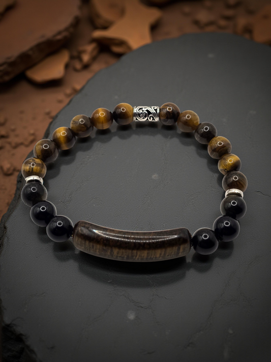 Mens tigers eye bar bead bracelet - Elasticated stone beaded bracelet