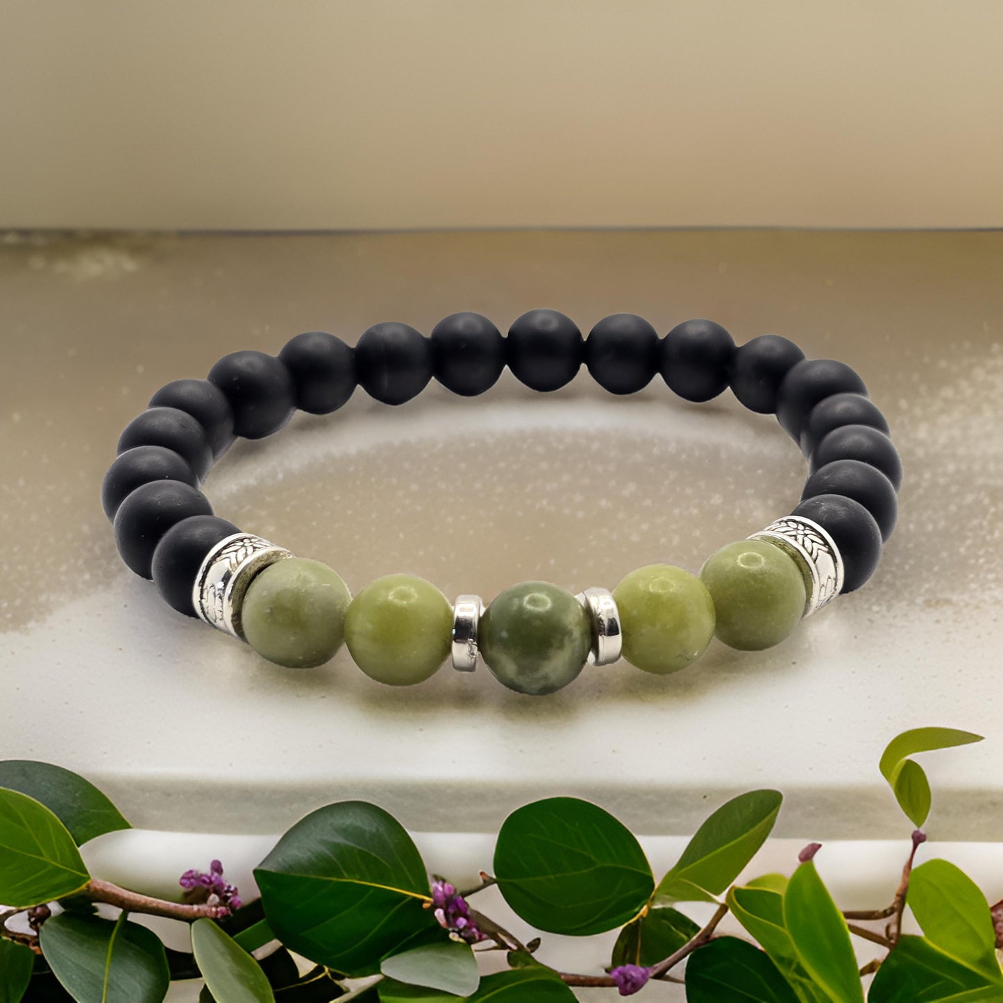 Mens Green and Black Beaded Bracelet - Elasticated band bracelet