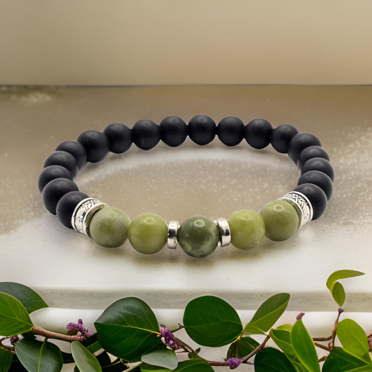 Mens Green and Black Beaded Bracelet - Elasticated band bracelet