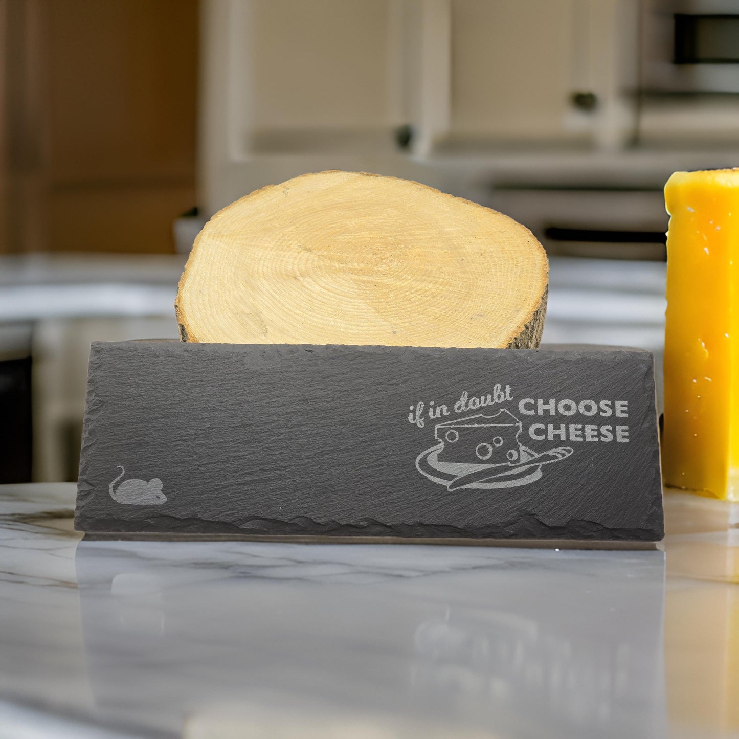 Slate cheese serving board with etched mouse and choose cheese graphic