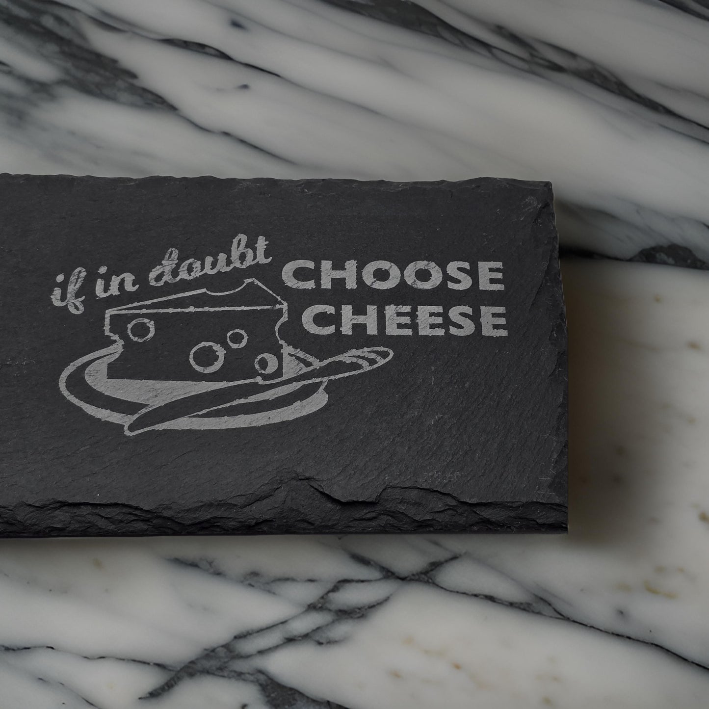 Slate cheese serving board with etched mouse and choose cheese graphic