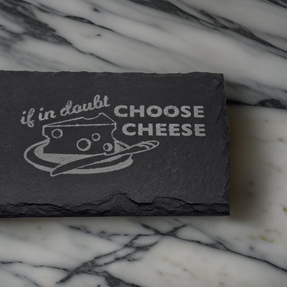 Slate cheese serving board with etched mouse and choose cheese graphic