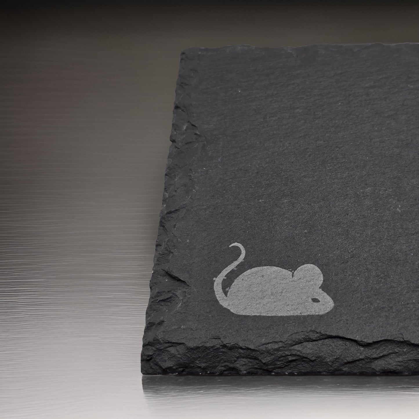 Slate cheese serving board with etched mouse and choose cheese graphic