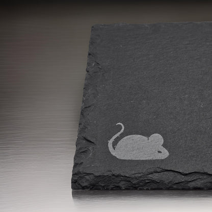 Slate cheese serving board with etched mouse and choose cheese graphic