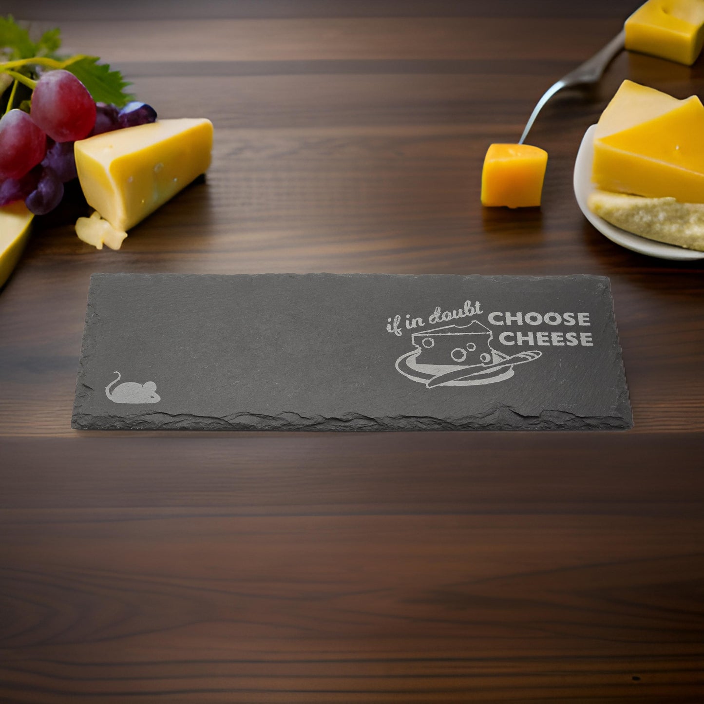 Slate cheese serving board with etched mouse and choose cheese graphic