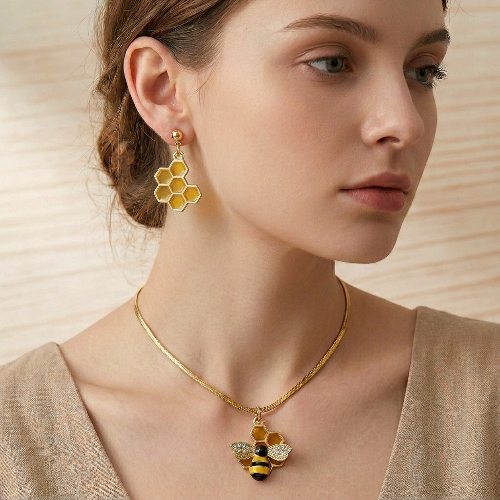 Bee Necklace and Earring Set - Handmade Bumble Bee Necklace with Honeycomb Earrings