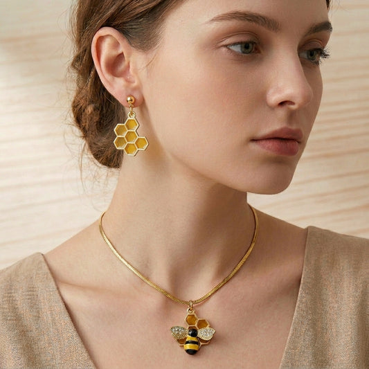 Bee Necklace and Earring Set - Handmade Bumble Bee Necklace with Honeycomb Earrings