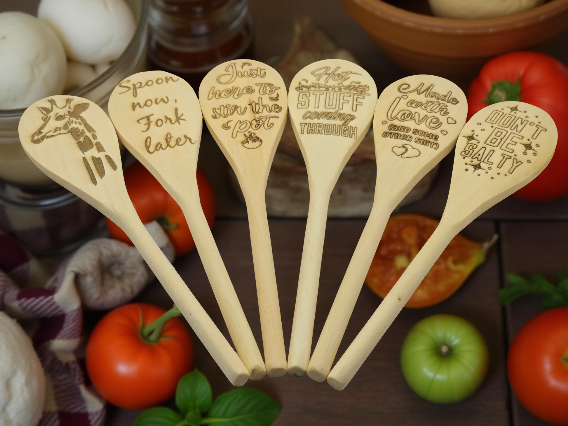 Engraved Beech Wood Kitchen Spoons - Kitchen Utensil Gift