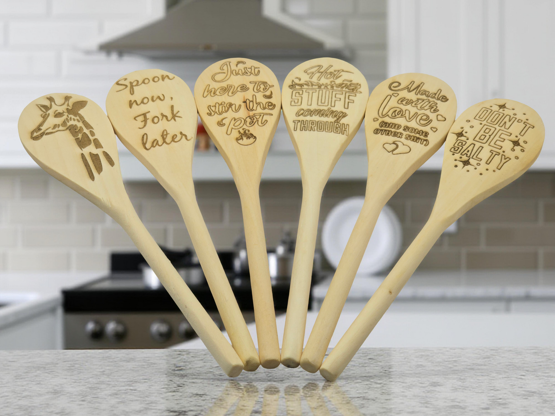 Engraved Beech Wood Kitchen Spoons - Kitchen Utensil Gift
