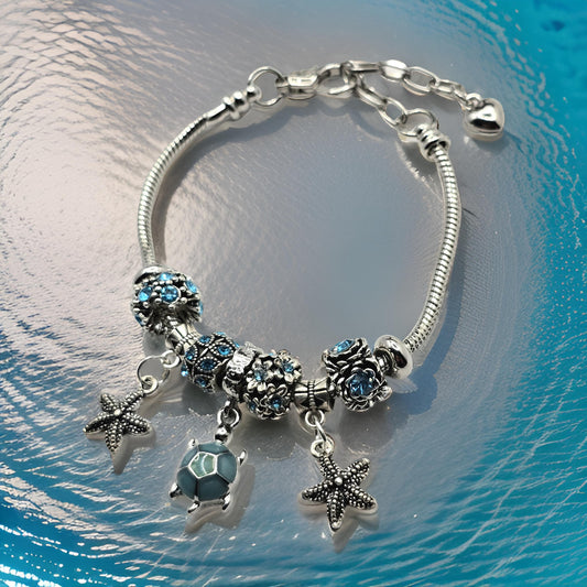 Ocean Themed Charm Bracelet - Sea Turtle and Starfish charms