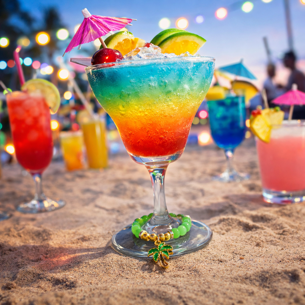 Green and gold wine glass charm with palm tree accents on a cocktail glass by the beach