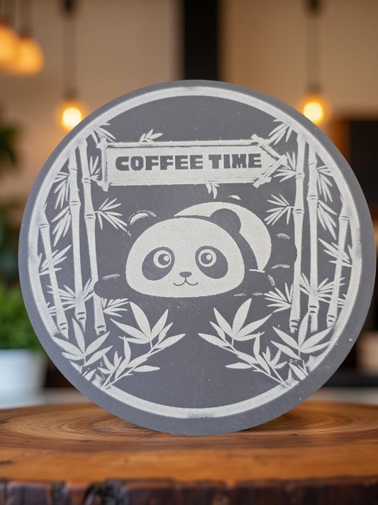 Cute Panda "Coffee Time" Round Slate Coaster / Drinks Mat