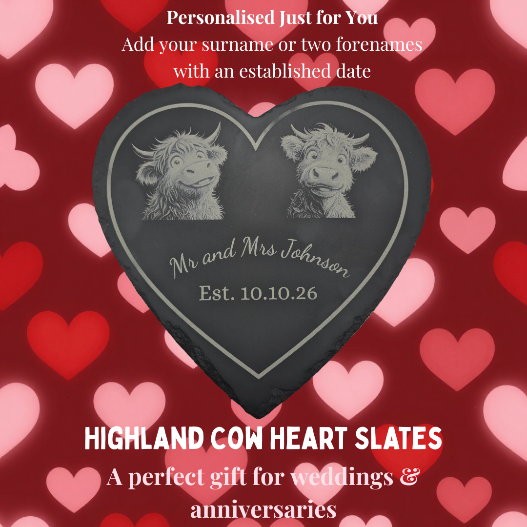 Personalised Highland cow heart slate cheese / serving board with red and white heart background