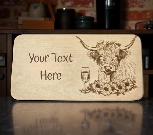 Personalised Highland cow small breakfast board - Etched wooden serving board