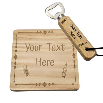 Personalised Bottle Opener and Wooden Coaster Set