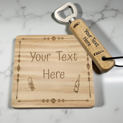 Personalised Bottle Opener and Wooden Coaster Set