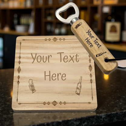 Personalised Bottle Opener and Wooden Coaster Set