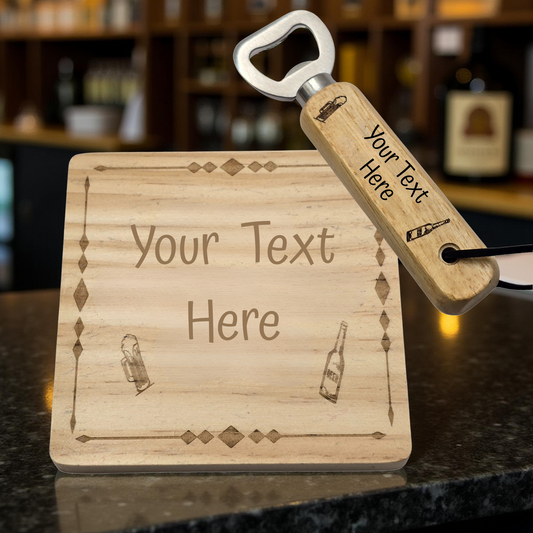 Personalised Bottle Opener and Wooden Coaster Set