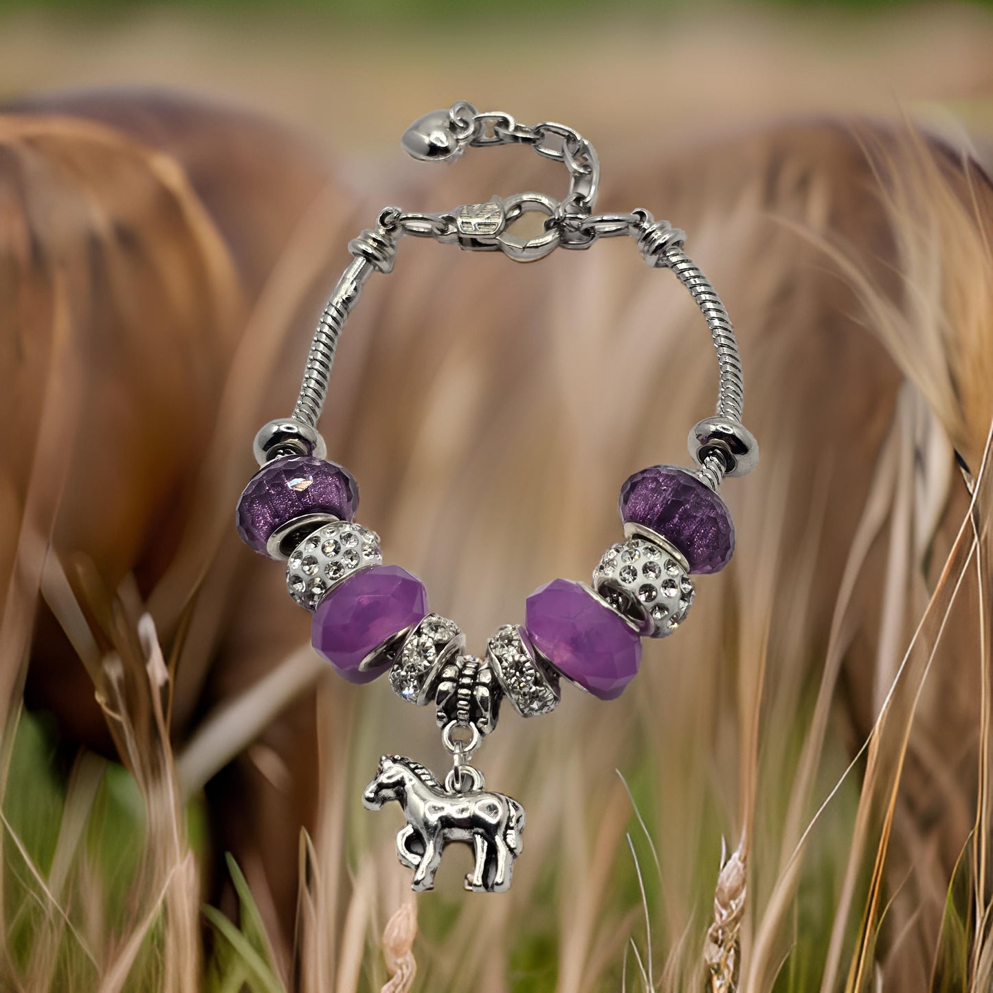 Girls Pony Charm Bracelet - 7 inch bracelet with 1.5 inch extension chain