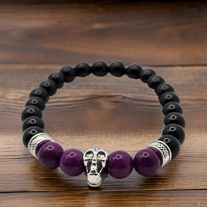 Mens purple beaded skull bracelet - Elastic fit 7" bracelet