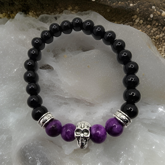Mens purple beaded skull bracelet - Elastic fit 7" bracelet