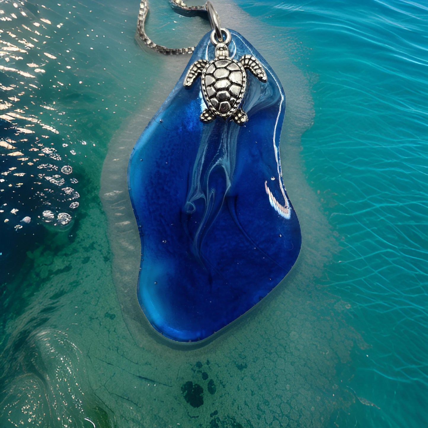 Handmade resin necklace with sea turtle charm and metal box chain