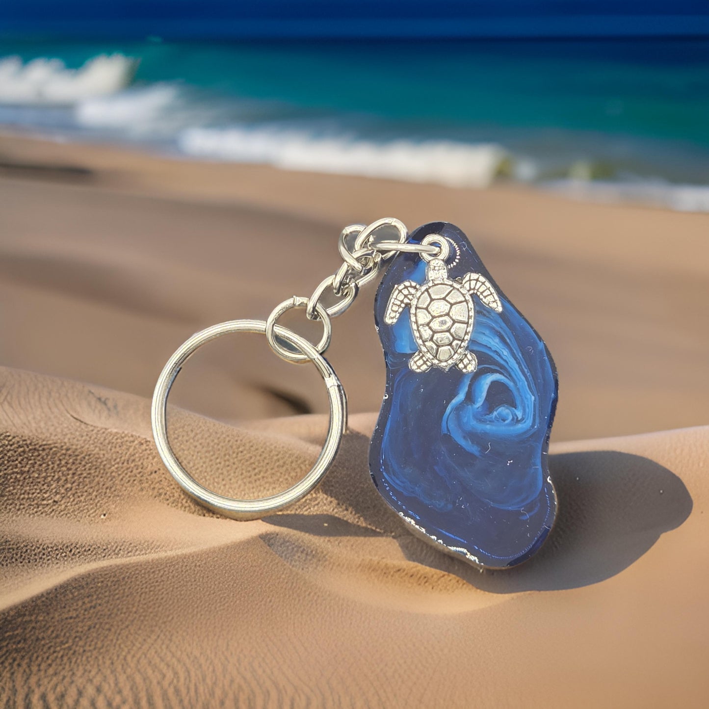Sea Turtle Resin Keyring - Handmade Ocean scene blue resin accessory