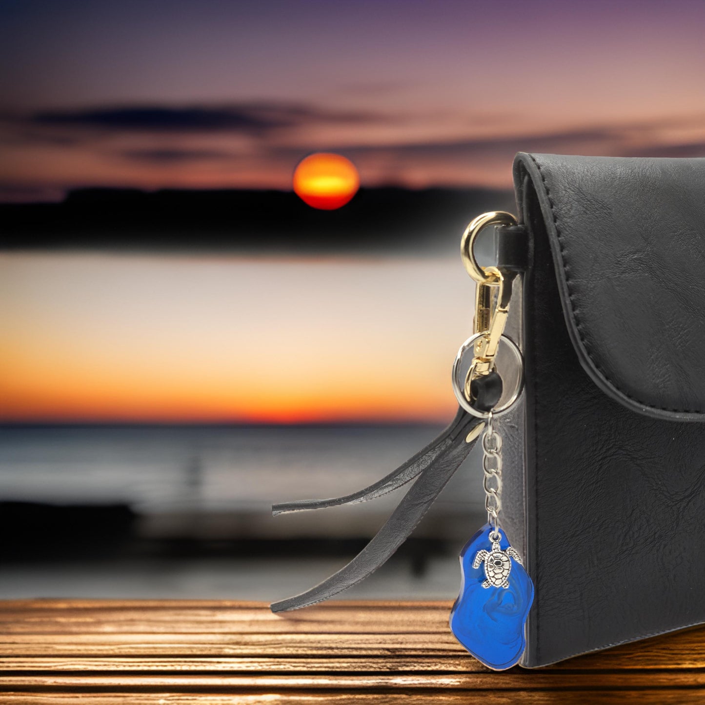 Sea Turtle Resin Keyring - Handmade Ocean scene blue resin accessory