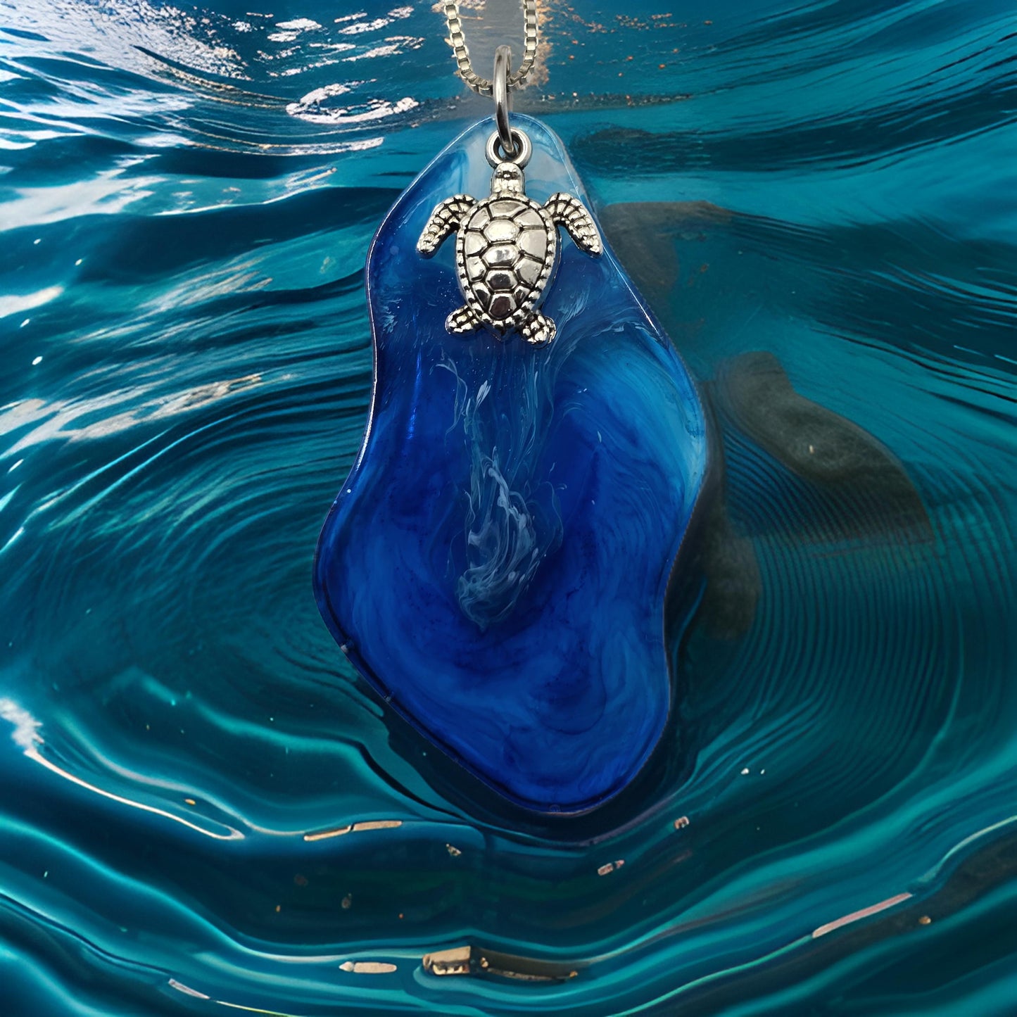 Handmade resin necklace with sea turtle charm and metal box chain