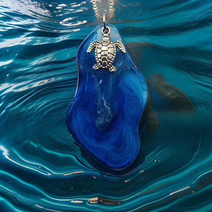 Handmade resin necklace with sea turtle charm and metal box chain
