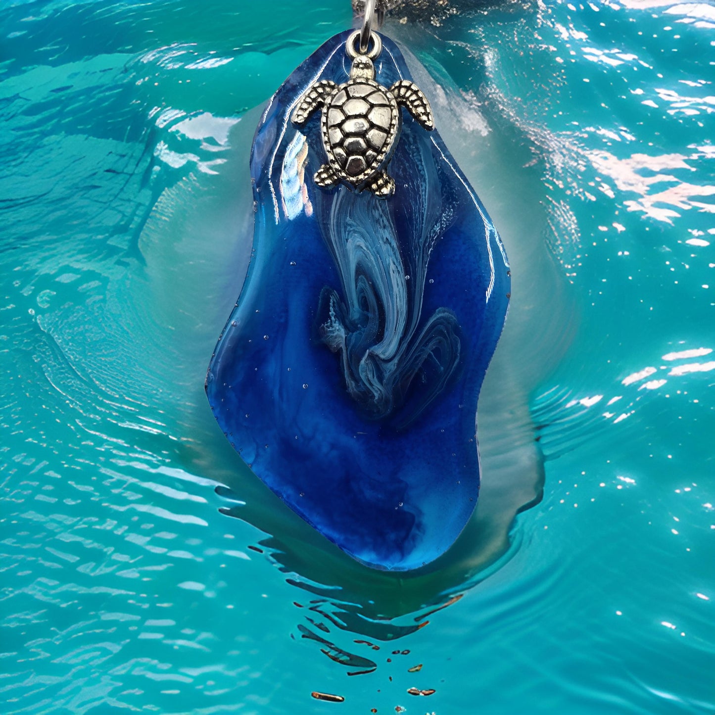 Handmade resin necklace with sea turtle charm and metal box chain