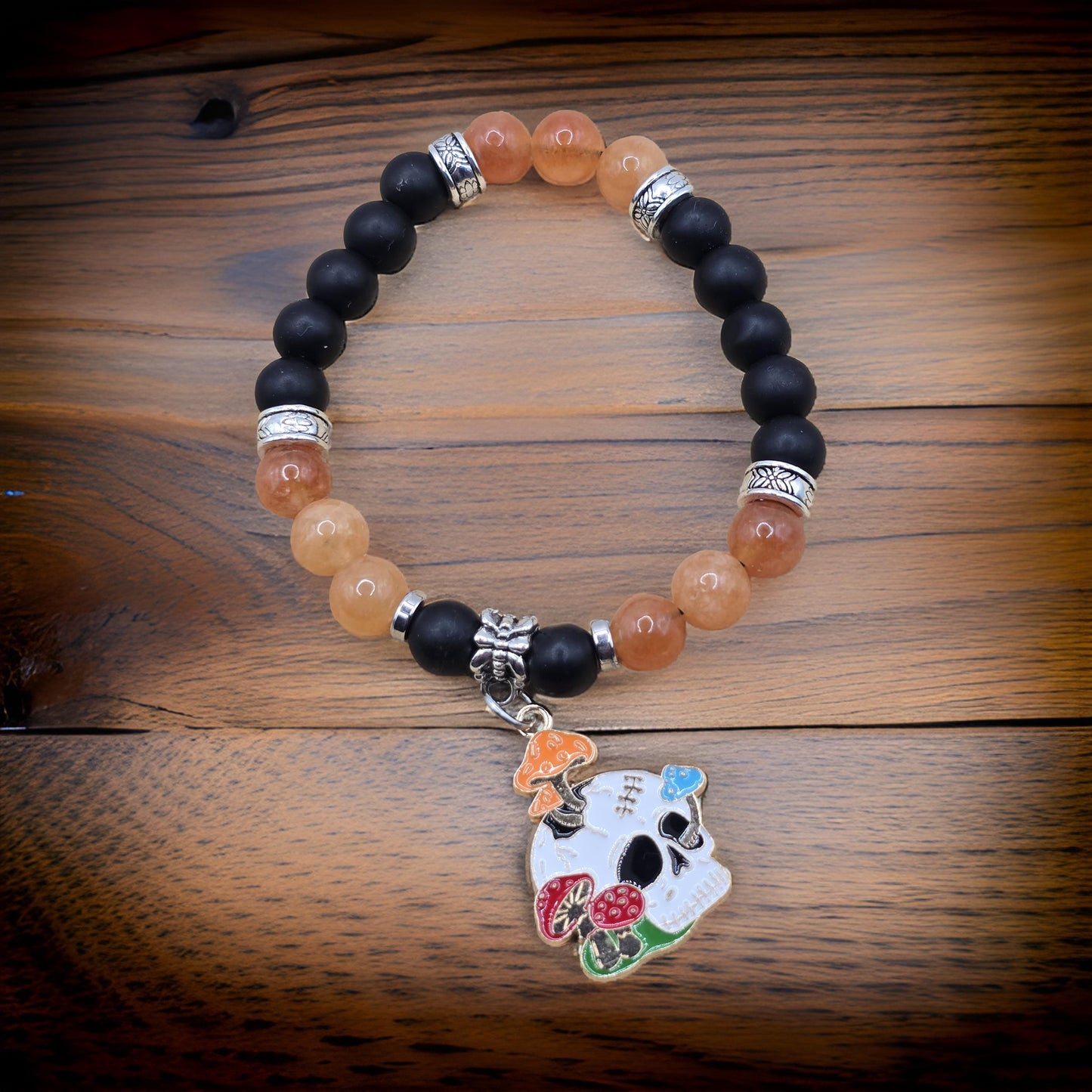 Beaded Skull Bracelet - Halloween elastic stretch bracelet to fit most wrist sizes